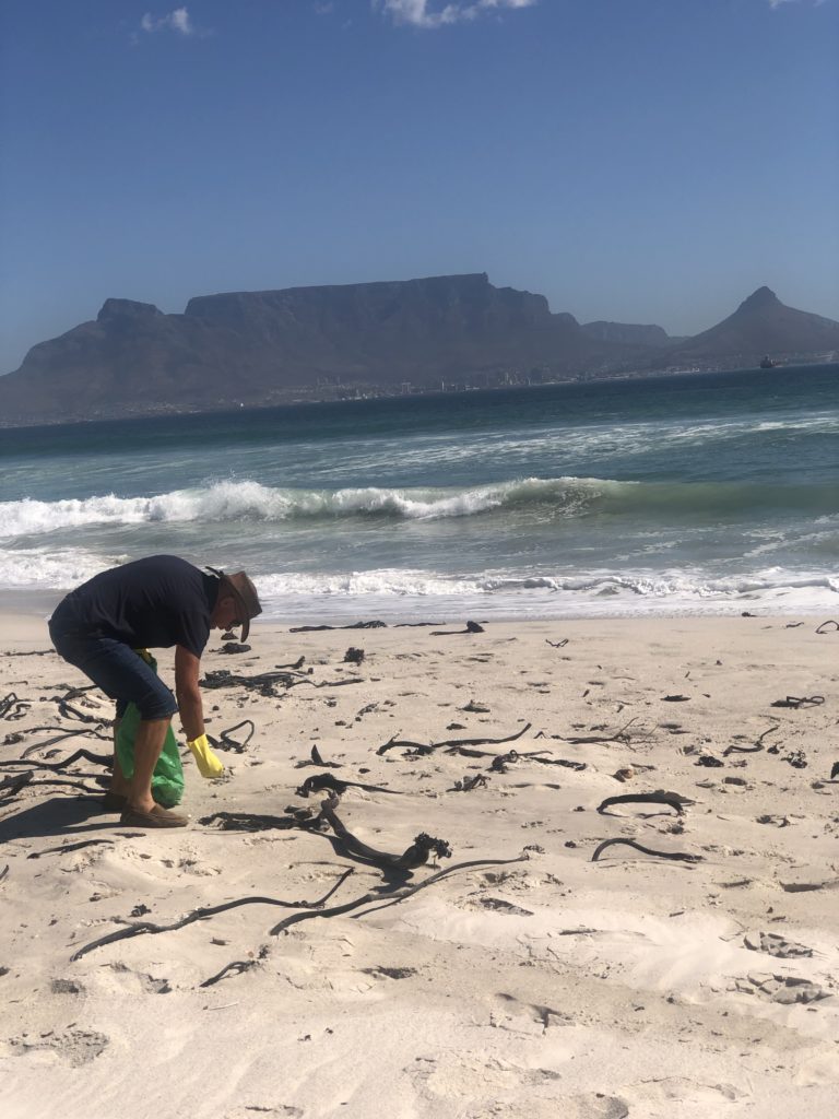 picking up litter on Cape Town beach